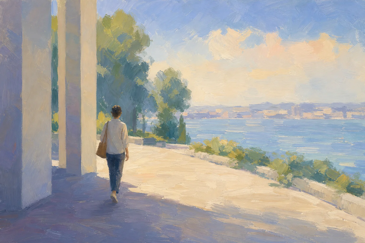 A person moving from layered structures toward an open horizon